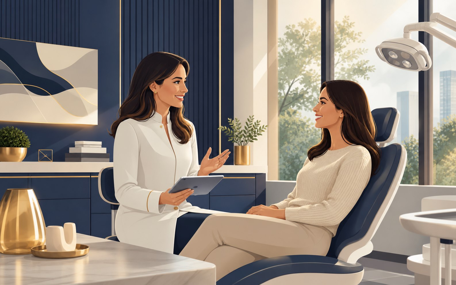 Ilustração de uma profissional conversando com uma paciente em um consultório acolhedor